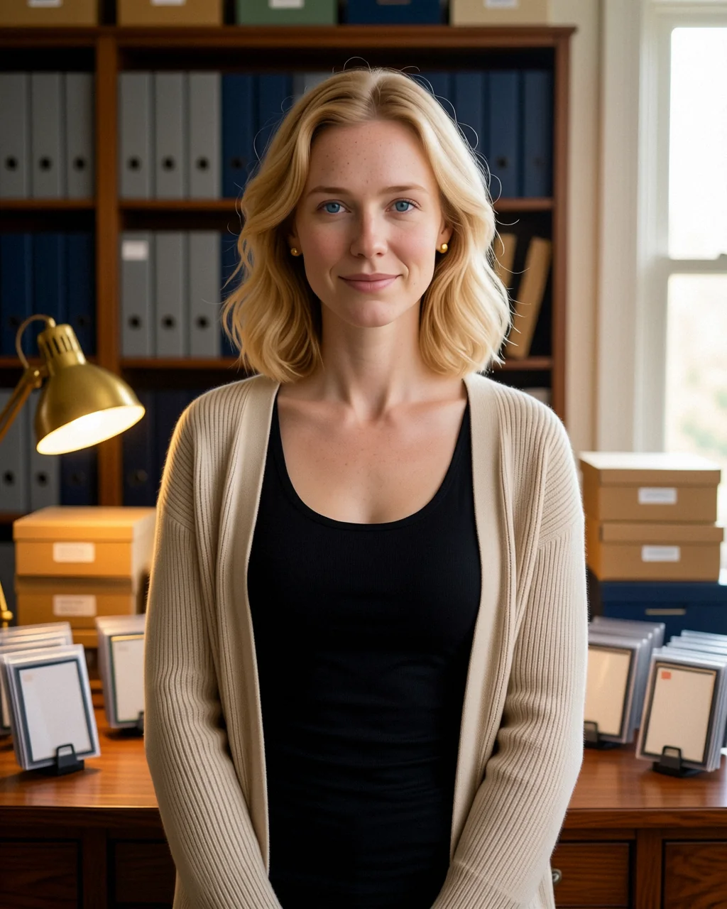 Ashley, the fictional CardGhost guide, at a collector desk with shelves of binders and card storage boxes behind her